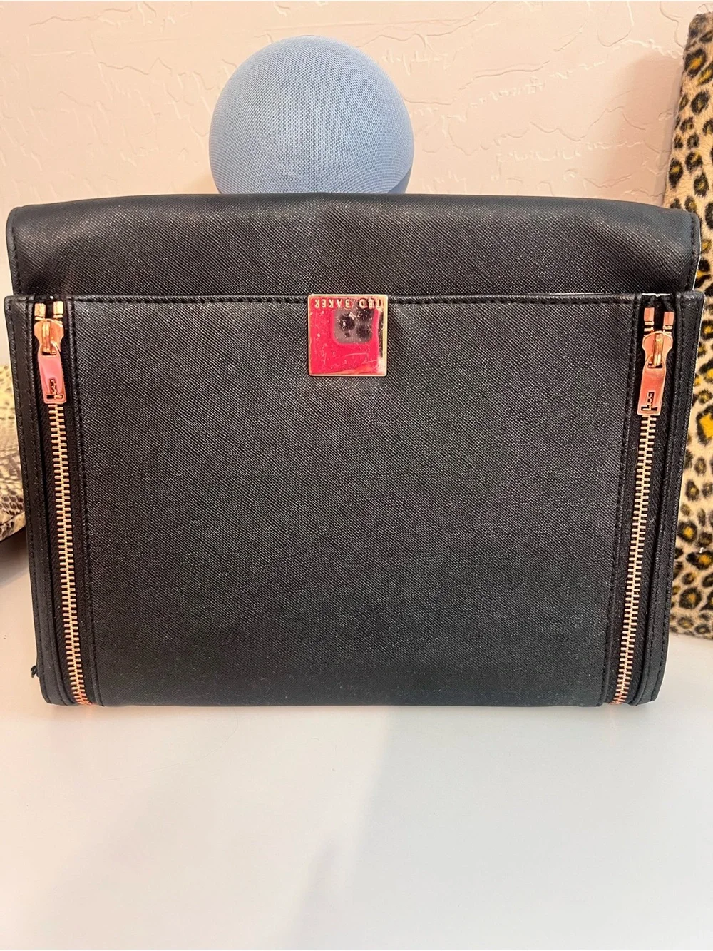 TED BAKER Black saffiano envelope-style clutch dual rose-gold zipper accent